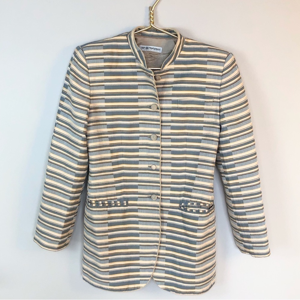 VINTAGE Emporio Armani blue tan Asian style blazer linen cotton blend M